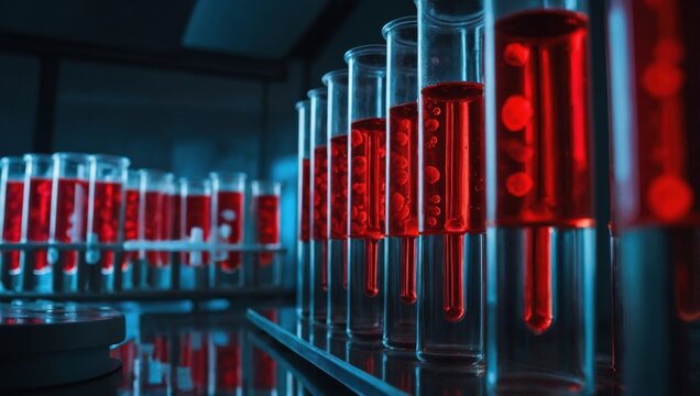Laboratory, test tubes with red liquid on the table