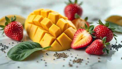 Sliced Mango with Strawberries and Spinach Leaves