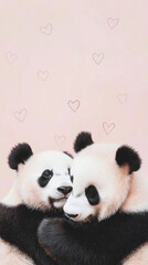 Pandas hugging with floating hearts, perfect for romantic St Valentines Day postcard