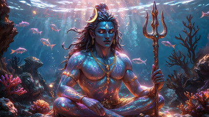 Lord Shiva is sitting in meditation underwater. His glowing skin shimmers with cosmic energy and he is surrounded by vibrant corals and mystical fish