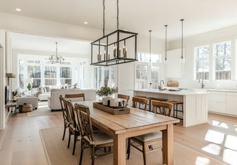 Beautiful dining room and kitchen in a rustic modern style with white walls, light wood floors, a large wooden table, a black chandelier hanging above the island