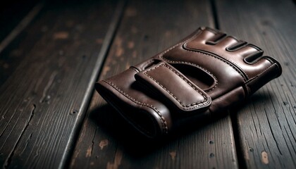Brown Leather Fingerless Gloves on Wooden Surface