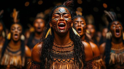 Women performing traditional maori haka with passion