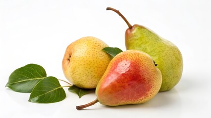 Three Pears with Leaves on White Background