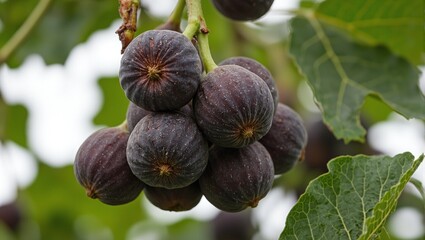 Ripe figs on tree with green leaves ready to harvest