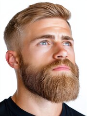 Obraz premium Serious male barber meticulously trims beard for a clean look in a professional setting with a bright background