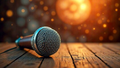 Obraz premium Microphone on Wooden Surface with Bokeh Background