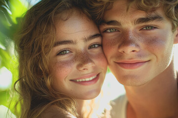 Fototapeta premium Young couple smiling and hugging together in a joyful moment of affection and love outdoors