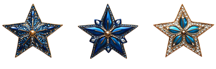 Ornate and decorative star shape with blue and gold metallic design, isolated on transparent background. Elegant jewelry or fashion accessory. high resolution PNG file