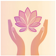 Fototapeta premium Abstract graphic of hands holding a pink lotus flower with a gradient background 