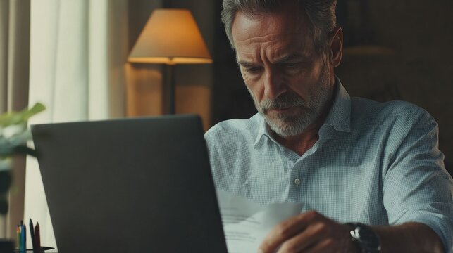 Man engrossed in reading letter, sitting at desk in front of open laptop.