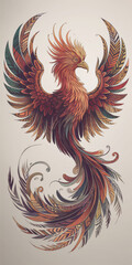 Beautiful phoenix illustration with elegant swirling feathers