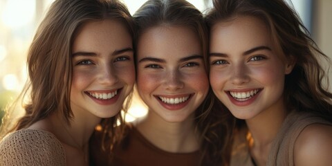 Fototapeta premium Two smiling women radiating youthful beauty and happiness.