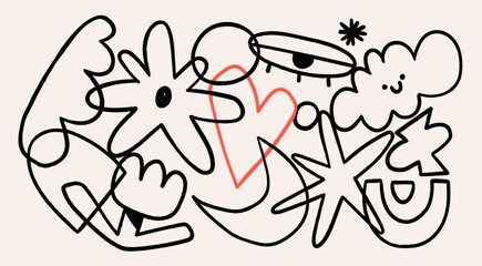 Various doodle outline shapes, curves, lines. Abstract contemporary, unique, trendy style. Hand drawn modern Vector illustration. Sticker, logo, icon, poster, wallpaper, textile print template