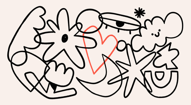 Various doodle outline shapes, curves, lines. Abstract contemporary, unique, trendy style. Hand drawn modern Vector illustration. Sticker, logo, icon, poster, wallpaper, textile print template