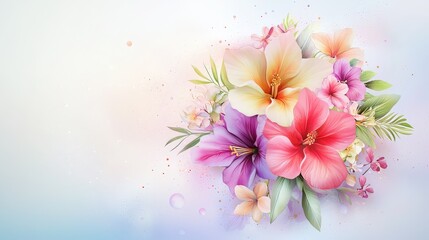 Obraz premium A breathtaking 3D watercolor exotic flower arrangement with delicate brushstroke textures, soft gradients, and a vivid tropical palette.