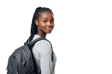 Confident African American student with gray backpack isolated on transparent png background