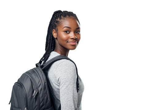 Confident African American student with gray backpack isolated on transparent png background