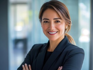 Obraz premium Smiling female corporate executive standing confidently in modern office setting.