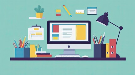 A computer desk with a monitor, keyboard, mouse, and a few books