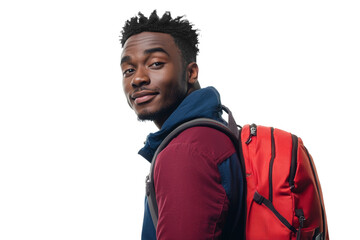 Young student man wearing red backpack, casual style, looking over shoulder isolated on transparent png background