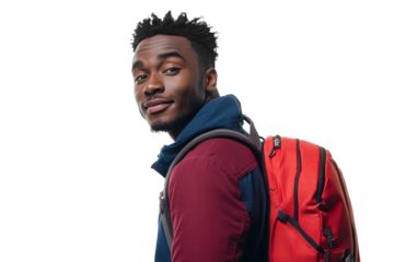 Young student man wearing red backpack, casual style, looking over shoulder isolated on transparent png background