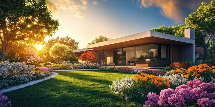 Luxury residential villa with pool and outdoor living spaces set within a lush, flower-filled garden.