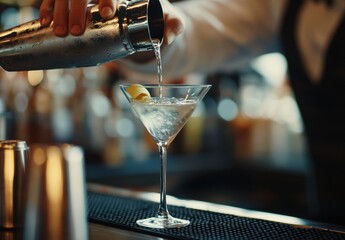 Bartender skillfully pouring cocktail at upscale bar during evening