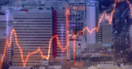 Stock market graph image over cityscape with tall buildings