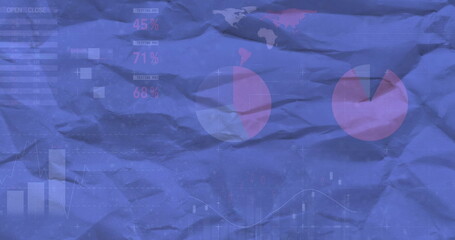 Financial data charts and world map image over crumpled blue paper background