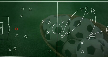 Naklejka premium Soccer strategy image over basket of soccer balls on green field