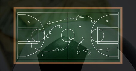 Basketball strategy image over chalkboard court diagram © vectorfusionart