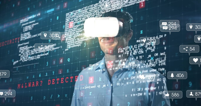 Wearing VR headset, man surrounded by social media and data processing image