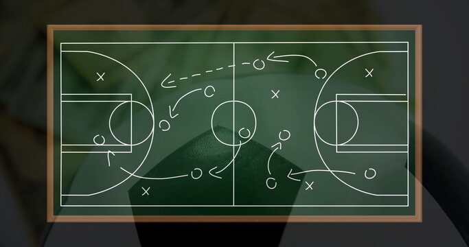 Basketball strategy image over chalkboard court diagram