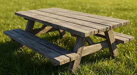 Fototapeta premium Rustic Wooden Picnic Table on Green Grass in Outdoor Setting