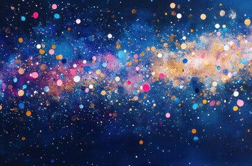 Fototapeta premium Abstract cosmic design with colorful dots representing stars, planets, and galaxies in deep blue space background for artistic and creative projects