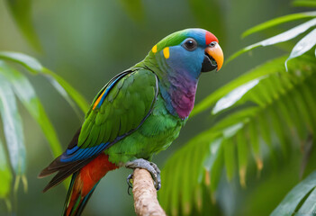 Naklejka premium Colorful parrot with green leaves