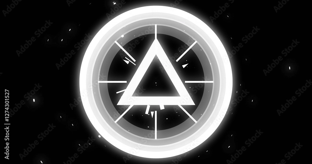 Poster rotating triangular shape and glowing particles image on black background