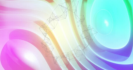 Geometric wireframe image over colorful abstract background with wavy patterns