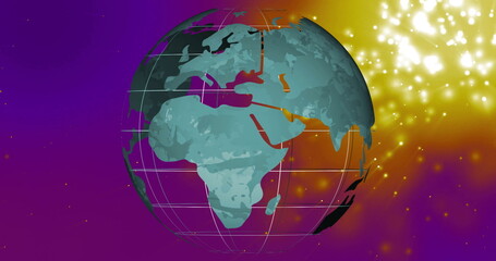 Rotating globe image over colorful background with glowing particles