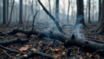 Foggy forest with smoke and fallen leaves