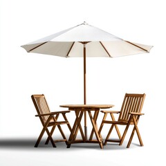 Wooden patio furniture set with umbrella on white background