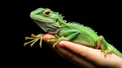 Green lizard on the finger, high-resolution stock photography, high-definition realistic photography, highly detailed 