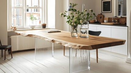 Fototapeta premium Modern Minimalist Dining Area with Natural Wood Table