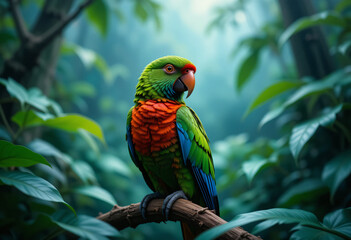 Obraz premium Colorful parrot with green leaves