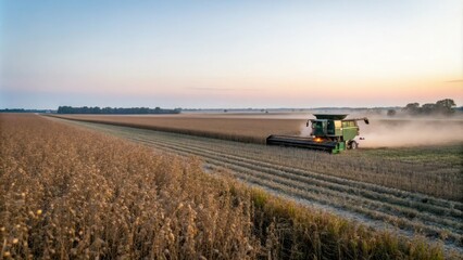 Combine harvester working in a soybean field during early morning hours, agriculture equipment, rural landscape, earthy tones, farming machinery