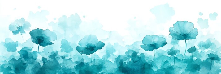 Fototapeta premium Watercolor Floral Harmony Ethereal Turquoise Background with Abstract, Stylized Flowers in Bloom