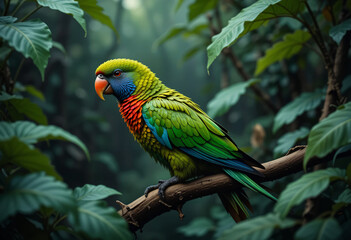 Colorful parrot with green leaves