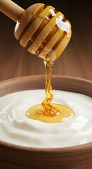 Golden honey dripping from a wooden dipper into a bowl of creamy yogurt, creating a healthy and delicious breakfast or snack.