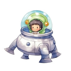 watercolors Cute astronaut riding ufo spaceship illustration 